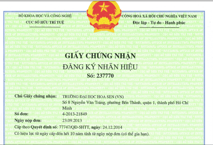 VĂN BẰNG BẢO HỘ NHÃN HIỆU