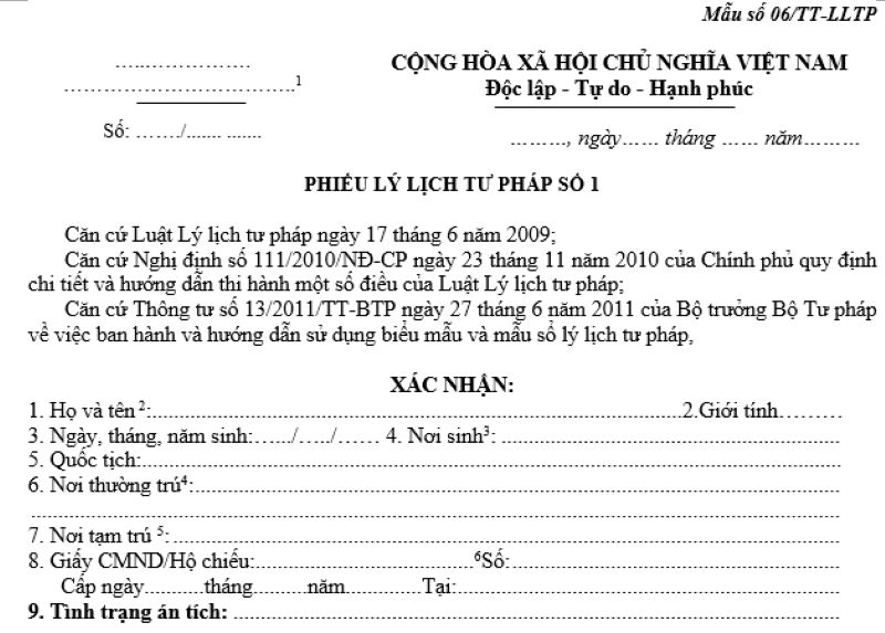 Mẫu phiếu lý lịch tư pháp cho người Việt Nam định cư ở nước ngoài?