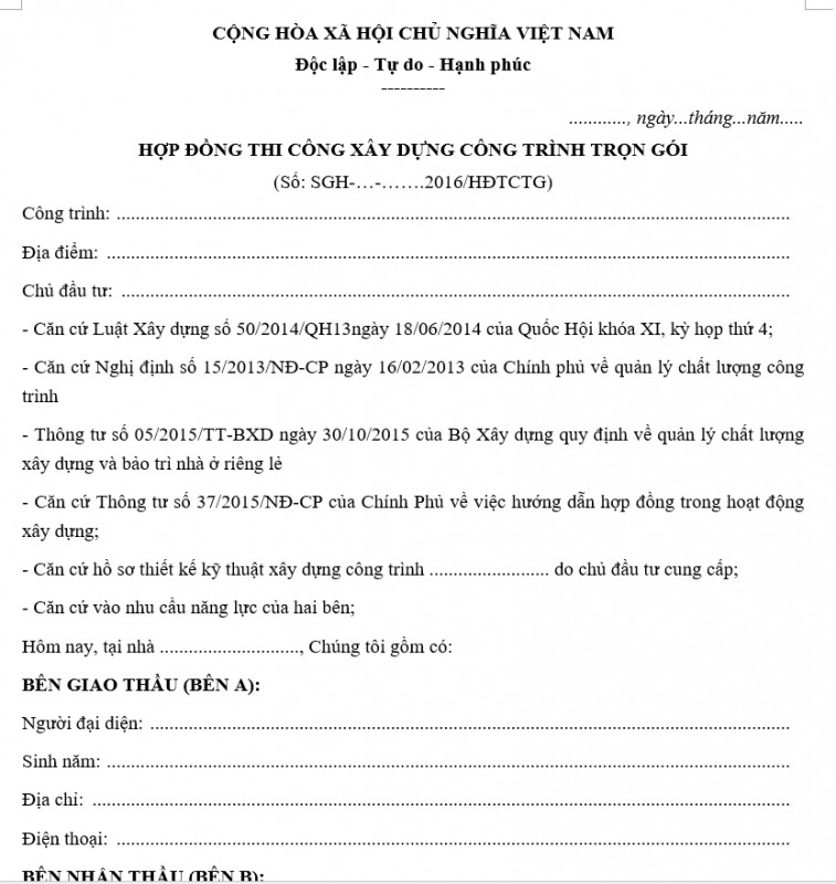 Mẫu hợp đồng tổng thầu thi công xây dựng