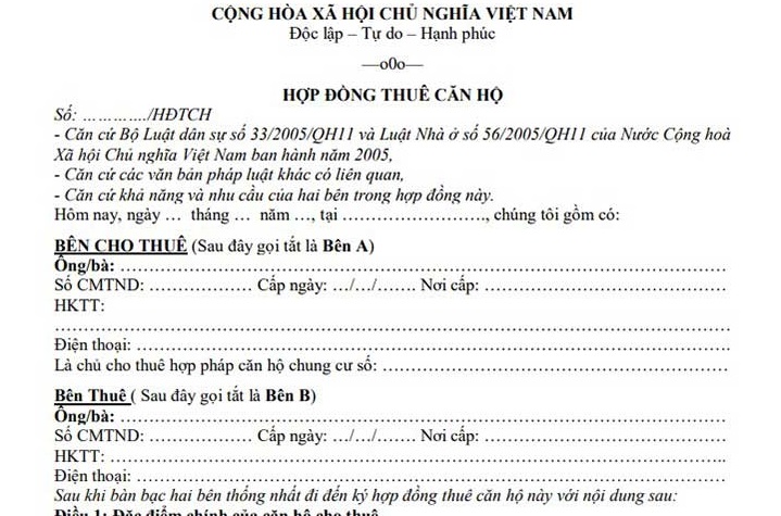 Mẫu hợp đồng thuê căn hộ du lịch