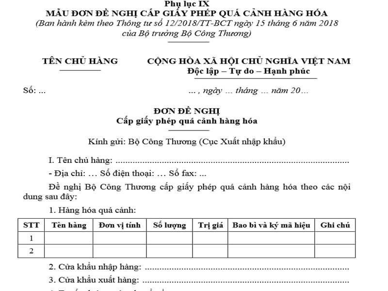 Mẫu đơn đăng ký Giấy phép quá cảnh hàng hóa được quy định như thế nào?