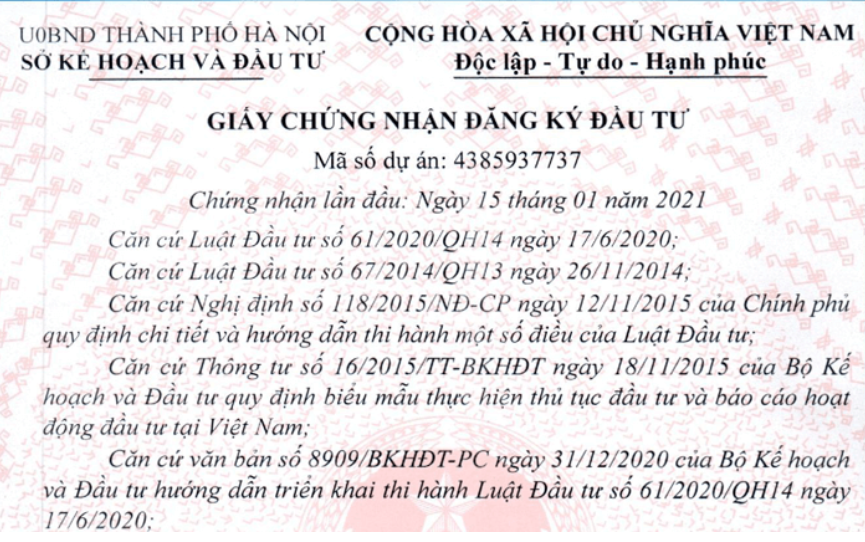 Giấy chứng nhận đăng ký đầu tư