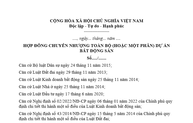 Hợp đồng chuyển nhượng toàn bộ dự án bất động sản gồm những nội dung gì?