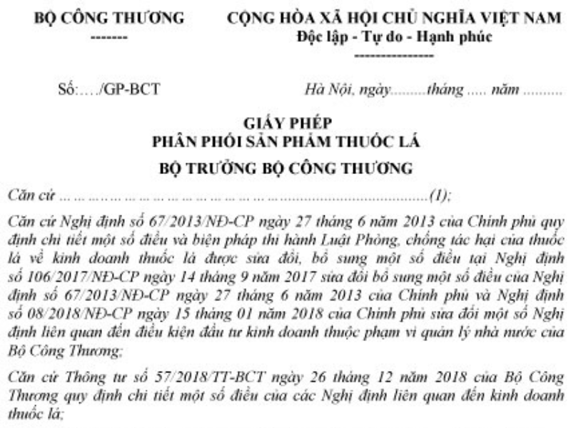 Giấy phép phân phối thuốc lá