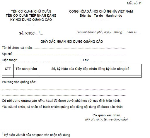 Giấy xác nhận nội dung quảng cáo
