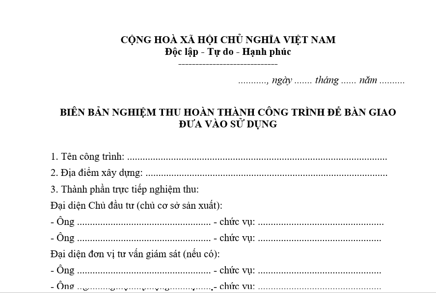 Mẫu biên bản nghiệm thu công trình xây dựng mới nhất