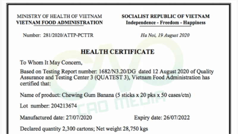 Giấy chứng nhận y tế (HC): (Điều 15 Thông tư 52/2015/TT-BYT)