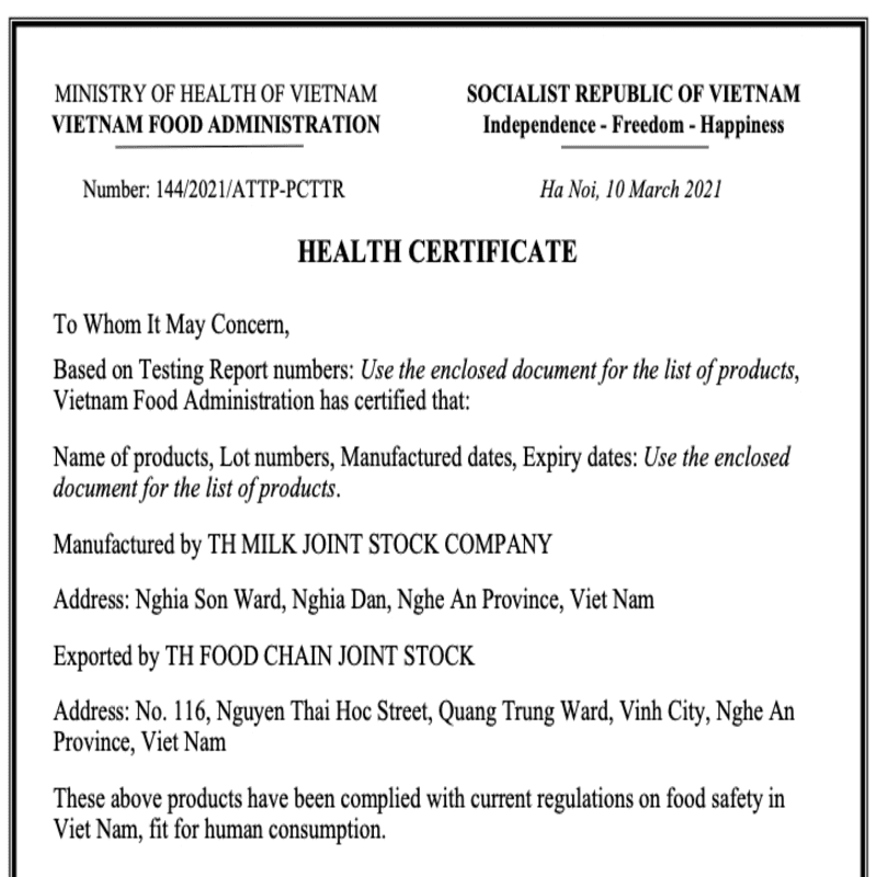Quy định chứng nhận health certificate cho nông sản xuất khẩu