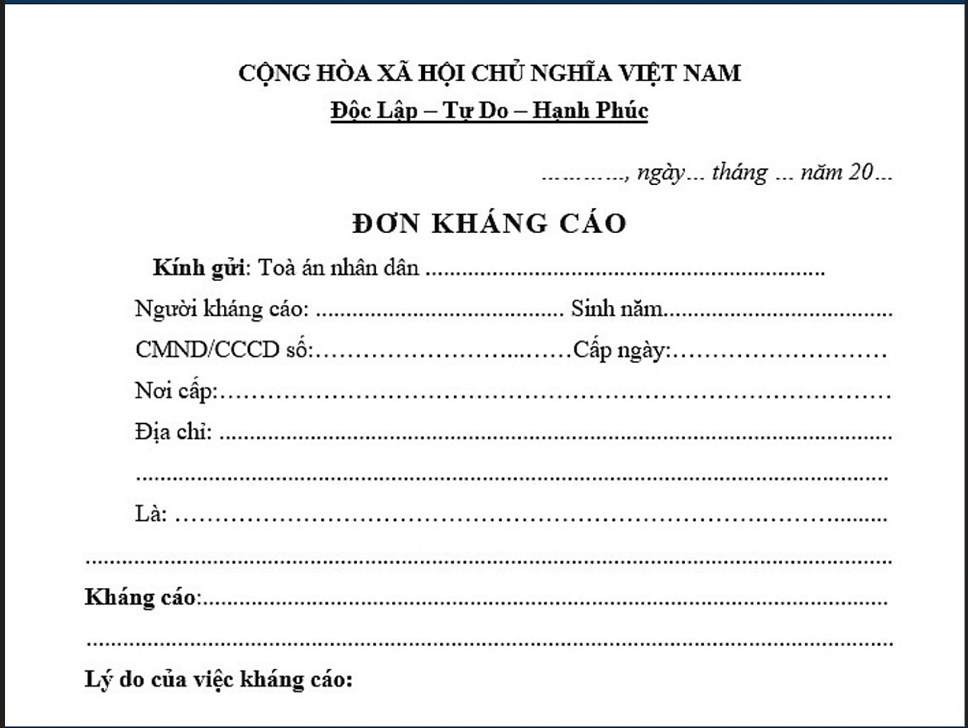 đơn kháng cáo theo quy định mới nhất