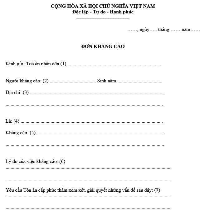 Giấy kháng cáo theo mẫu