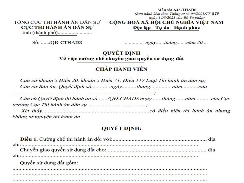 Quy trình tổ chức cưỡng chế chuyển giao quyền sử dụng đất
